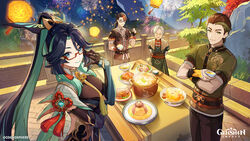  2boys 2girls aqua_eyes aqua_lips architecture black_hair bodystocking breasts chinese_hairpin cloud_retainer_(genshin_impact) colored_inner_hair earrings east_asian_architecture food genshin_impact glasses gloves green_hair hair_ornament highres jewelry large_breasts long_hair long_sleeves looking_at_viewer madame_ping_(genshin_impact) moon_carver_(genshin_impact) mountain_shaper_(genshin_impact) multicolored_hair multiple_boys multiple_girls official_art old old_woman red-framed_eyewear semi-rimless_eyewear smile standing tassel tassel_earrings tassel_hair_ornament two-tone_hair very_long_hair xianyun_(genshin_impact) 