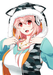  blush breasts camouflage cleavage commentary_request female headphones hood hoodie large_breasts long_hair looking_at_viewer nitroplus open_mouth pink_hair pom_pom_(clothes) raglan_sleeves red_eyes sleeveless sleeveless_hoodie smile solo super_sonico waniwani 