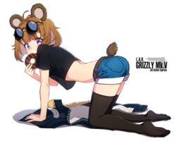  aged_down ahoge all_fours animal_ears ass bad_id bad_twitter_id bear_ears bear_tail black_thighhighs breasts brown_hair character_name commentary_request crop_top denim denim_shorts doughnut eating eyewear_on_head female food from_side full_body girls&#039;_frontline grizzly_mkv_(girls&#039;_frontline) grizzly_mkv_(teddy_transform!)_(girls&#039;_frontline) grizzly_win_mag gun jacket korean_commentary looking_at_viewer midriff mouth_hold narynn official_alternate_costume purple_eyes see-through_silhouette short_hair short_shorts short_tail shorts small_breasts solo tail tan thighhighs unworn_jacket weapon 