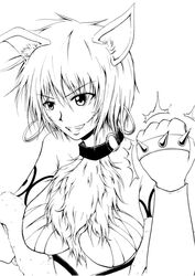  .hack// .hack//tasogare_no_udewa_densetsu animal_ears breasts coat collar commentary_request earrings female fur_coat greyscale hoop_earrings jewelry large_breasts monochrome nikumen_(maximum_nikumen) ouka_(.hack//) short_hair smile solo tattoo wolf_ears 