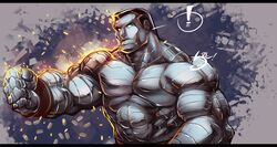  ! 1boy abs artist_name black_hair bullet colored_skin colossus_(x-men) commentary_request grey_skin letterboxed male_focus manly marvel metal_skin solo spandex_hero topless_male western_comics_(style) white_eyes x-men 