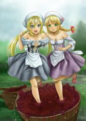  2girls :d apron aqua_eyes bare_shoulders barefoot barrel blonde_hair braid breasts chaborin cleavage collarbone commentary_request dirty dirty_feet dress food fruit grape_stomping grapes green_eyes hat long_hair medium_breasts multiple_girls open_mouth original single_braid smile stomping strapless strapless_dress twintails wagon waist_apron 