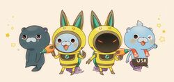  animal_ears bad_id bad_twitter_id blush commentary helmet kanacho multiple_persona no_humans one_eye_closed open_mouth rabbit_ears simple_background spacesuit star_(symbol) tears usapyon vader_mode youkai_(youkai_watch) youkai_watch youkai_watch_3 