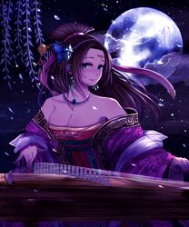  absurdres ansung bad_id bad_pixiv_id bare_shoulders beads blue_eyes breasts brown_hair chinese_clothes cleavage earrings facial_mark female fingernails forehead_mark full_moon guzheng hair_ornament hair_ribbon hair_stick hairpin hanfu highres instrument jewelry large_breasts long_hair long_sleeves moon music nail_polish necklace night night_sky off_shoulder playing_instrument red_nails ribbon sash shawl shingoku_no_valhalla_gate sky solo 