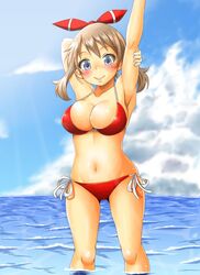  adahcm arm_behind_head arm_up bikini blue_eyes blue_sky blush breasts brown_hair cloud commentary_request day female hair_ribbon highres large_breasts may_(pokemon) pokemon red_bikini red_headwear ribbon short_hair side-tie_bikini_bottom sky smile solo standing stomach string_bikini swimsuit wading water 