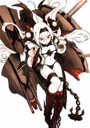  abyssal_ship air_defense_princess anchor armor armored_boots black_footwear black_gloves boots breasts cancell commentary_request female gloves hairband highres kantai_collection knee_boots large_breasts long_hair machinery miniskirt pale_skin red_eyes showgirl_skirt simple_background skirt solo very_long_hair white_background white_hair 