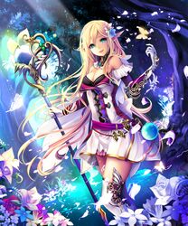  bare_shoulders blonde_hair blue_eyes breasts bug butterfly cleavage commentary_request elf female flower forest gloves hair_flower hair_ornament light_rays long_hair looking_at_viewer medium_breasts nature open_mouth pointy_ears shingoku_no_valhalla_gate sho_(runatic_moon) solo staff thighhighs white_butterfly 