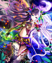  aoi_(kirabosi105) armpits bare_shoulders blue_eyes commentary_request crescent_moon female finger_to_mouth flower hair_flower hair_ornament heterochromia long_hair midriff moon multicolored_hair navel official_art petals pointy_ears purple_eyes shingoku_no_valhalla_gate solo thighhighs two-tone_hair very_long_hair white_hair 