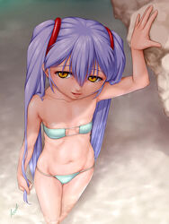  ^jj^ bikini blue_hair blush breasts commentary_request female highres hoshino_ruri kidou_senkan_nadesico long_hair looking_at_viewer navel small_breasts solo swimsuit twintails yellow_eyes 