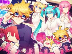  1boy 3girls @_@ aqua_eyes aqua_hair arms_up bandages bespectacled blood blue_eyes book bow breasts cleavage clenched_hand commentary drooling gakuran glasses hairband hairbow hatsune_miku kagamine_len kagamine_rin kiritani846 long_hair medium_breasts megurine_luka miniskirt multiple_girls nosebleed one_eye_closed pink_hair pleated_skirt plus_danshi_(vocaloid) polo_shirt school_uniform short_hair siblings skirt sweatdrop twins twintails very_long_hair vocaloid 