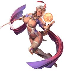  bare_shoulders bikini_warriors blonde_hair braid breasts clothing_cutout commentary_request dark-skinned_female dark_elf dark_elf_(bikini_warriors) dark_skin elf feathers female full_body garter_straps gloves holding holding_weapon large_breasts lipstick looking_at_viewer magic makeup navel navel_cutout oda_non official_art pointy_ears red_eyes single_braid smile solo star_(symbol) sword thighhighs turban vambraces weapon white_background 