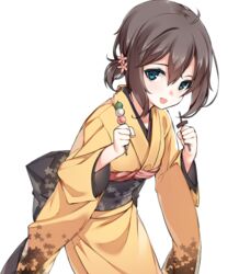  bad_id bad_pixiv_id blue_eyes brown_hair dango female food japanese_clothes kimono looking_at_viewer milihime_taisen sanshoku_dango short_hair simple_background skewer smile solo tama_(tamatamo) wagashi white_background 