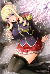  :o absurdres bertille_althusser black_thighhighs blonde_hair blue_eyes breasts cherry_blossoms drill_hair dutch_angle epaulettes female hair_bun highres impossible_clothes impossible_shirt katsurai_yoshiaki lace lace-trimmed_legwear lace_trim large_breasts long_hair military military_uniform photoshop_(medium) school_uniform shirt single_hair_bun sitting skirt solo stairs thighhighs twin_drills twintails uniform walkure_romanze zettai_ryouiki 