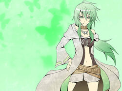  bike_shorts caam_serenity_of_gusto collar commentary_request duel_monster female green_eyes green_hair grimro hand_on_own_hip jacket jewelry long_hair looking_at_viewer midriff navel smile solo yu-gi-oh! 