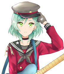  adjusting_clothes adjusting_headwear aqua_hair bang_dream! black_choker black_gloves black_hat black_neckerchief black_sailor_collar braid choker commentary_request cosplay earrings electric_guitar female gloves green_eyes guitar hat highres hikawa_hina instrument jewelry komachi_narota long_sleeves looking_at_viewer lost_one_no_goukoku_(vocaloid) neckerchief parted_lips print_gloves print_ribbon red_shirt ribbon sailor_collar shirt short_hair shoulder_ribbon side_braid simple_background solo star_(symbol) star_print upper_body white_background 