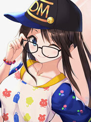  ;) adjusting_eyewear baseball_cap black-framed_eyewear black_hair blue_eyes breasts collarbone commentary_request female glasses hat idolmaster idolmaster_shiny_colors long_hair looking_at_viewer medium_breasts mitsumine_yuika one_eye_closed shirt smile solo twintails upper_body yuki_usagi_(mofurafu) 