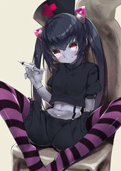  ass black_hair black_shirt black_shorts chair chrome_(mon-musu_quest!) closed_mouth colored_skin commentary_request crop_top cross crossed_bangs demon_girl female hair_between_eyes hat horns long_hair md5_mismatch midriff mon-musu_quest! monster_girl navel no_shoes nurse_cap on_chair pantyhose pink_eyes pink_horns puffy_short_sleeves puffy_shorts puffy_sleeves purple_skin red_cross ringed_eyes shirt short_sleeves shorts sitting smile solo spread_legs striped_clothes striped_pantyhose striped_thighhighs suspenders syringe thighhighs twintails very_long_hair yappen 