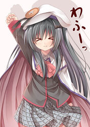  &gt;_&lt; :3 bat_hair_ornament black_hair cape closed_eyes commentary_request cosplay creek_(moon-sky) female hair_ornament hat little_busters! little_busters!_school_uniform long_hair noumi_kudryavka noumi_kudryavka_(cosplay) original raised_fist school_uniform skirt solo thighhighs very_long_hair youjo_(creek_(moon-sky)) 