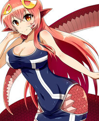  breasts cleavage commentary_request female hair_ornament hairclip highres houshi lamia large_breasts long_hair looking_at_viewer miia_(monster_musume) monster_girl monster_musume_no_iru_nichijou one-piece_swimsuit pointy_ears red_hair scales slit_pupils smile solo swimsuit very_long_hair yellow_eyes 