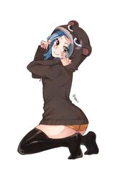  ass bad_id bad_twitter_id black_sweater black_thighhighs blue_hair blush brown_eyes character_costume fairy_tail female from_side full_body head_tilt highres hood hooded_sweater kneeling levy_mcgarden long_hair looking_at_viewer orange_shorts pantherlily rusky short_shorts shorts simple_background smile solo sweater thighhighs white_background 