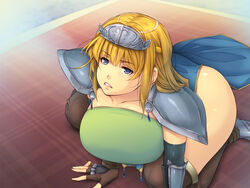  armor ass bangs blonde_hair blue_eyes boots breasts female floor from_above highres huge_breasts indoors legs long_hair looking_at_viewer makeikusa_no_onna-tachi:_hime_to_onna_kishi_no_senpuku-ki original parted_lips pelvic_curtain shoulder_pads sitting solo thigh_boots thighhighs thighs tiara yoko_jyusuke 