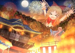  &gt;_&lt; 2girls 3000_xiao_chun aerial_fireworks architecture arms_up bow closed_eyes commentary_request east_asian_architecture facing_away facing_viewer fireworks folding_fan full_moon giant giantess hairbow hand_fan hata_no_kokoro highres horn_ornament horn_ribbon horns ibuki_suika lantern long_hair moon multiple_girls oerba_yun_fang open_mouth orange_hair outdoors photoshop_(medium) pink_eyes pink_hair plaid plaid_shirt ribbon rope shide shimenawa shirt skirt sleeveless sleeveless_shirt stage touhou tree twilight wrist_cuffs 