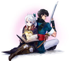  1boy ahoge back-to-back black_hair blue_eyes book boots bug butterfly commentary_request female fire_emblem fire_emblem_awakening lon&#039;qu_(fire_emblem) mamegohan ponytail robin_(female)_(fire_emblem) robin_(fire_emblem) sitting sword weapon white_hair 