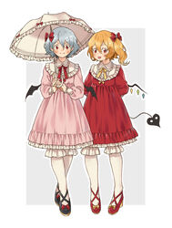  2girls adapted_costume alternate_costume bad_id bad_pixiv_id bat_wings blonde_hair bloomers blue_hair blush bow commentary_request crystal dress flandre_scarlet full_body hairbow highres laevatein_(touhou) long_sleeves looking_at_viewer multiple_girls oerba_yun_fang parasol pink_dress platinum_(o0baijin0o) red_dress red_eyes remilia_scarlet siblings side_ponytail sisters smile tongue tongue_out touhou umbrella underwear white_legwear wings 