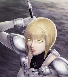  armor bad_id bad_pixiv_id blonde_hair clare_(claymore) claymore_(series) cloud collarbone female lips looking_at_viewer pauldrons photoshop_(medium) short_hair shoulder_armor solo sword weapon xun_(xun124c41) yellow_eyes 