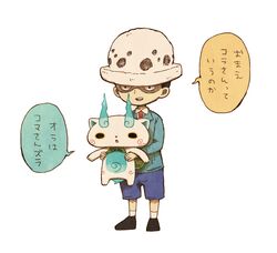  1boy abbreviated_karakusa aged_down bad_id bad_twitter_id commentary crossover facial_hair furoshiki furoshiki_around_neck holding kanacho komasan one_piece open_mouth simple_background speech_bubble standing trafalgar_law translated white_background youkai_(youkai_watch) youkai_watch 