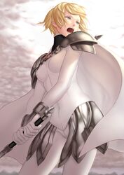  :o angry armor blonde_hair bodysuit breasts cape clare_(claymore) claymore_(series) cloud cloudy_sky commentary_request contrapposto covered_nipples cowboy_shot faulds female fighting_stance from_below from_side gloves grey_eyes highres holding holding_weapon looking_to_the_side medium_breasts open_mouth outdoors pauldrons short_hair shoulder_armor shouting sky solo standing sword tongue turtleneck v-shaped_eyebrows vambraces weapon xun_(xun124c41) 