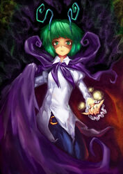  absurdres antennae bad_id bad_pixiv_id bobomaster cape commentary_request female fingernails glowing green_eyes green_hair highres looking_at_viewer magic nail_polish open_mouth photoshop_(medium) sharp_fingernails short_hair solo touhou wriggle_nightbug 