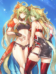  2girls animal_ears atalanta_(fate) atalanta_(formal_dress)_(fate) back bikini black_bikini blonde_hair cat_ears cat_tail commentary_request cosplay dual_persona fate/apocrypha fate_(series) green_eyes green_hair highres jeanne_d&#039;arc_(fate) jeanne_d&#039;arc_(type-moon_racing)_(fate) jeanne_d&#039;arc_(type-moon_racing)_(fate)_(cosplay) lion_ears lion_tail long_hair melon22 mordred_(fate) mordred_(fate/apocrypha) mordred_(fate/apocrypha)_(cosplay) mordred_(type-moon_racing)_(fate) mordred_(type-moon_racing)_(fate)_(cosplay) multiple_girls navel red_legwear smile swimsuit tail thighhighs 