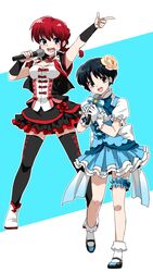  2girls black_hair black_legwear blue_eyes braid breasts bridal_garter brown_eyes commentary_request flower full_body genderswap_(mtf) gloves hair_ornament hatorion idol mary_janes medium_breasts microphone multiple_girls ranma-chan ranma_1/2 red_hair rose rule_63 shoes short_hair single_braid tendou_akane thighhighs white_gloves zettai_ryouiki 