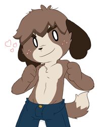  2015 4:5 animal_crossing anthro canid canine canis chest_tuft clothed clothing digby_(animal_crossing) domestic_dog freckles heart_symbol looking_at_viewer male mammal nintendo oob shih_tzu simple_background smile solo standing topless toy_dog tuft v-cut white_background 