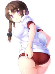  adjusting_buruma adjusting_clothes ass bad_id bad_pixiv_id ball bow braid breasts brown_hair buruma female gym_uniform hairbow highres komimiyako medium_breasts panties panties_under_buruma panty_peek purple_eyes purple_hair red_buruma shiritsu_momojiri_gakuen_seitokai! single_braid solo underwear white_panties 