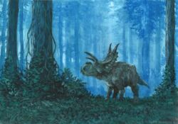  2012 ambiguous_gender centrosaurine ceratopsian detailed_background dinosaur extinct feral forest full-length_portrait grass hi_res horn leaf nature ornithischian photorealism plant portrait prehistoric_species quadruped reptile scalie solo standing traditional_media_(artwork) tree tuomas_koivurinne xenoceratops xenoceratops_foremostensis 