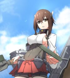  alternate_breast_size bike_shorts breasts brown_eyes brown_hair commentary_request covered_nipples female headgear highres kantai_collection large_breasts looking_at_viewer lulu_heika parted_lips pleated_skirt short_hair sideboob skirt solo taihou_(kancolle) 