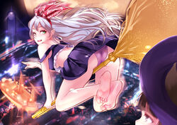  2girls :d ass back bare_shoulders barefoot boat breasts broom broom_riding brown_hair clock clock_tower commentary_request feet frills green_eyes grey_hair hat long_hair midriff multiple_girls natsui_tuna no_bra off_shoulder open_mouth original panties purple_panties sideboob skirt smile teeth tower underwear watercraft witch witch_hat 