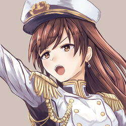  :d brown_eyes brown_hair commentary_request earrings female floating_hair grey_background hat idolmaster idolmaster_cinderella_girls jewelry long_hair military military_hat military_uniform moppo nitta_minami open_mouth outstretched_arm seizon_honnou_valkyria_(idolmaster) smile solo teeth uniform upper_body upper_teeth_only white_hat 