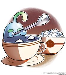  bowl commentary_request cup dragonith monster_musume_no_iru_nichijou no_humans saucer slime_(creature) spoon sugar_cube suu_(monster_musume) teacup 