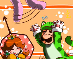  1boy animal_costume blush brown_hair catsuit closed_eyes crown earrings facial_hair female hsort_hair jewelry luigi mario_(series) moustache nintendo orange_hair princess_daisy short_hair super_mario_3d_world super_mario_bros. super_mario_land 