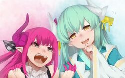  2girls aqua_hair blue_eyes blush commentary_request crying dragon_horns elizabeth_bathory_(fate) elizabeth_bathory_(fate/extra_ccc) elizabeth_bathory_(second_ascension)_(fate) fate/grand_order fate_(series) green_hair hair_between_eyes hair_ornament highres horns japanese_clothes kimono kiyohime_(fate) long_hair looking_at_another looking_at_viewer multiple_girls multiple_horns open_mouth pink_hair pointy_ears tears terimayo trembling yellow_eyes 