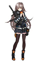  black_footwear black_scarf black_skirt black_thighhighs blush boots brown_eyes closed_mouth commentary crossed_bangs female full_body gift girls&#039;_frontline grey_hair gun h&amp;k_ump hair_between_eyes hands_up heckler_&amp;_koch holding holding_gift holding_gun holding_weapon infukun long_hair looking_at_viewer miniskirt official_alternate_costume official_art one_side_up pleated_skirt scar scar_across_eye scar_on_face scarf simple_background skirt smile solo standing striped_clothes striped_scarf striped_sweater submachine_gun sweater thighhighs ump45_(&quot;just_this_time.&quot;)_(girls&#039;_frontline) ump45_(girls&#039;_frontline) valentine very_long_hair weapon white_background zettai_ryouiki 