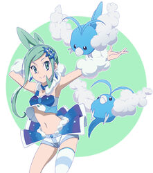  aqua_eyes aqua_hair arm_warmers artist_request asymmetrical_legwear earrings female idol jewelry looking_at_viewer lucia_(pokemon) midriff navel pokemon pokemon_(game) pokemon_oras short_shorts shorts simple_background swablu tagme thigh_gap thighhighs underboob 