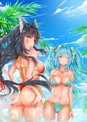  ahri animal_ears bikini league_of_legends nia_(leafunia) sona_buvelle swimsuits tail 