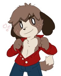  2015 4:5 animal_crossing anthro canid canine canis chest_tuft clothed clothing digby_(animal_crossing) domestic_dog freckles heart_symbol looking_at_viewer male mammal nintendo oob open_clothing open_shirt open_topwear shih_tzu shirt simple_background smile solo standing topwear toy_dog tuft undressing white_background 