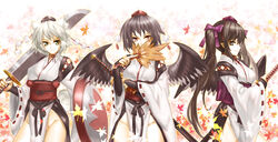  3girls animal_ears black_hair black_wings blush bobomaster breasts bridal_gauntlets brown_hair commentary detached_sleeves english_commentary groin hand_fan hat hauchiwa highres himekaidou_hatate inubashiri_momiji kourindou_tengu_costume large_breasts leaf multiple_girls no_panties photoshop_(medium) red_eyes ribbon-trimmed_sleeves ribbon_trim shameimaru_aya shield short_hair smile tokin_hat touhou weapon white_hair wings wolf_ears 