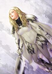  armor blonde_hair bodysuit boots cape claymore_(series) commentary_request female grey_eyes highres long_hair miria_(claymore) pauldrons scar shoulder_armor solo symbol vambraces xun_(xun124c41) 