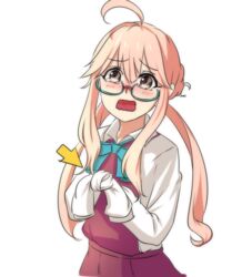  ahoge arrow_(symbol) blush bow commentary female glasses green-framed_eyewear hair_flaps highres kantai_collection long_hair long_sleeves looking_at_viewer low_twintails lulu_heika makigumo_(kancolle) open_mouth pink_hair school_uniform semi-rimless_eyewear sleeves_past_fingers sleeves_past_wrists sleeves_tied_together solo tears tied_sleeves twintails under-rim_eyewear wavy_mouth white_background yellow_eyes 